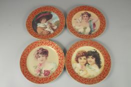 A GOOD SET OF FOUR CONTINENTAL PORCELAIN CIRCULAR PLATES decorated with portraits. 10.5iins