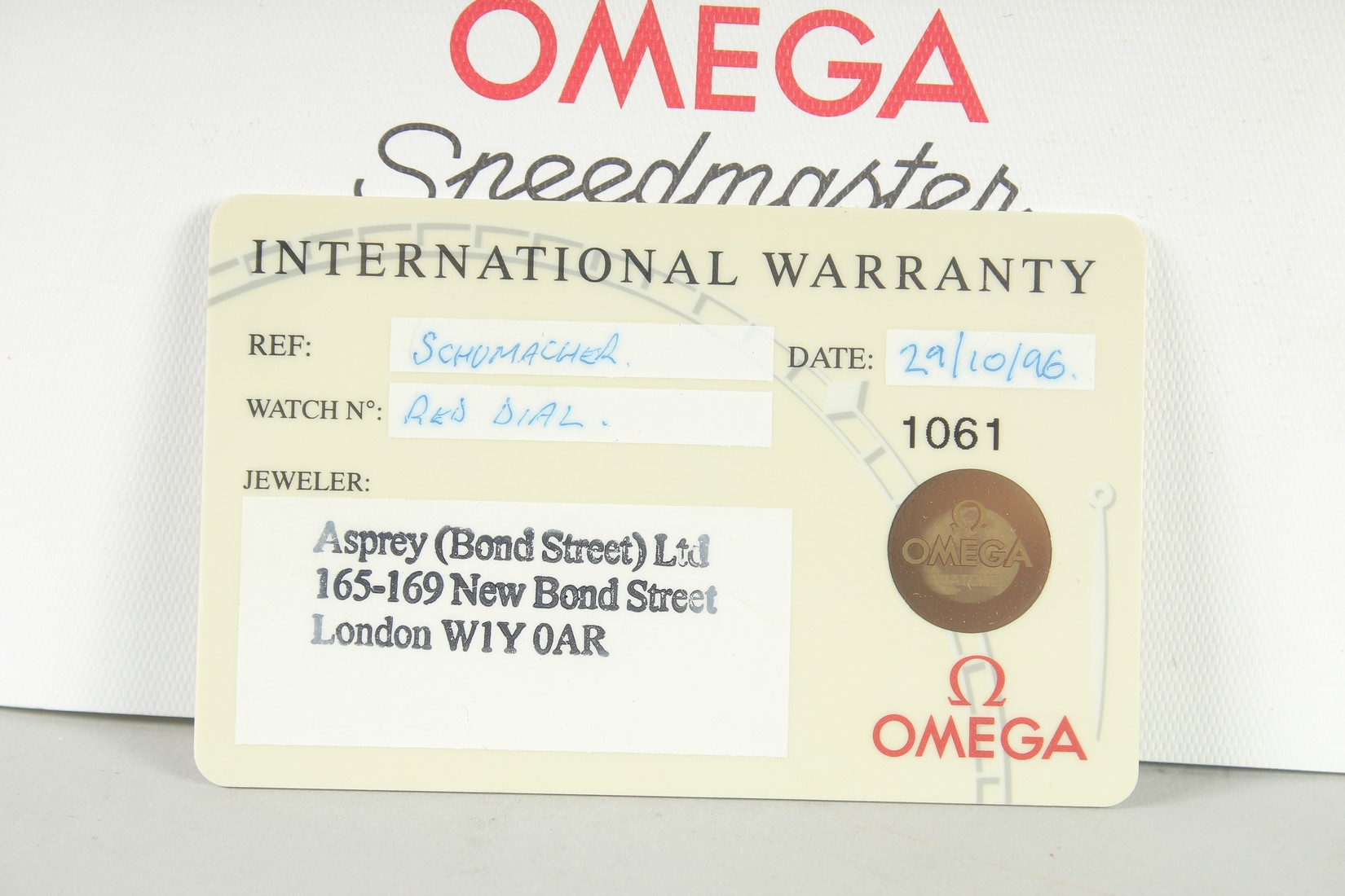 A GENTLEMAN'S OMEGA SPEEDMASTER SCHUMACHER RED DIAL WRIST WATCH. NO. 55206245. Purchased from Asprey - Bild 12 aus 14