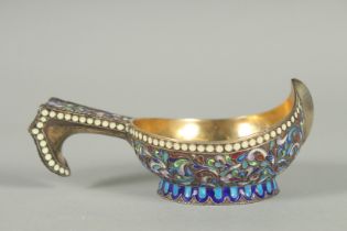 A GOOD RUSSIAN SILVER AND ENAMEL KVOSH . 11cm long, 7cm wide. Marks: Head 84, A A over 1892. Weight:
