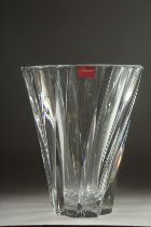 A LARGE BACCARAT PLAIN TAPERING VASE. 10ins long, 8ins wide at the rim tapering to 3.5ins, Signed in