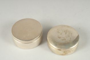 TWO SILVER CIRCULAR PILL BOXES, one engraved with initials, W J P., the other M. Both stamped 925,