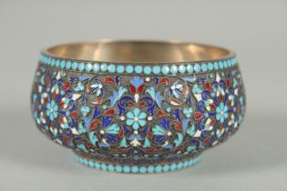 A RUSSIAN CIRCULAR SILVER AND ENAMEL BOWL. 8.5cm diameter. Mark G. H. 84. Weight: 73gms.