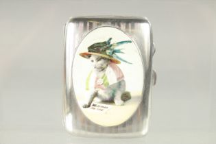 AN ENGINE TURNED SILVER CIGARETTE CASE. Birmingham, 1922 with an enamel of a Suffragette cat.