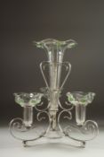 A GOOD ART NOUVEAU EPERGNE , with a plated stand and four cut glass flower holders. 15ins high.