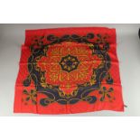 AN ASPREY RED AND BLUE SILK SCARF. 33ins x 33ins in an Asprey box.