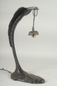 AN ART DECO BRONZE EAGLE LAMP on a shaped base. 19ins high.