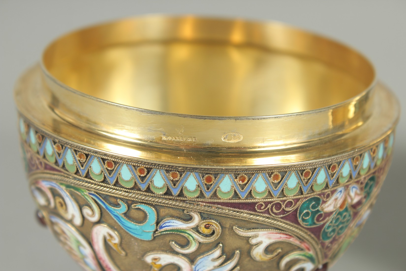 A LARGE RUSSIAN SILVER AND ENAMEL EGG, decorated with panels of white swans and Russian orthodox - Image 6 of 10