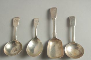 FOUR GEORGE IV AND WILLIAM IV FIDDLE PATTERN CADDY SPOONS. London 1820, 182, 1825, 1832.