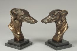 A PAIR OF BRONZE GREYHOUND HEADS on square marble bases. 7ins high.