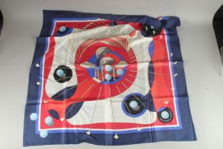 A HERMES SILK SCARF "SWING" with golf clubs 35ins x 35ins in a Hermes box.