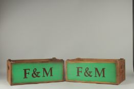 A PAIR OF F&M WOODEN BOXES with tin liners. 14ins x 4ins.