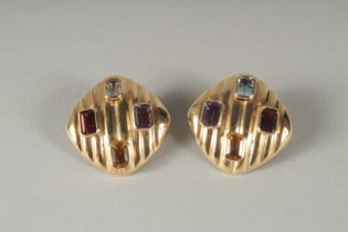 A PAIR OF 14CT GOLD MULTI GEM EARRINGS.