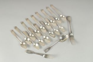 A COLLECTION OF RUSSIAN SILVER FLATWARE, comprising: a set of ten tea spoons, four tea spoons and