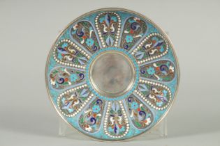 A RUSSIAN SILVER AND ENAMEL CIRCULAR SAUCER. 11.5cm diameter. Mark: Head A.F. Weight: 60gms.