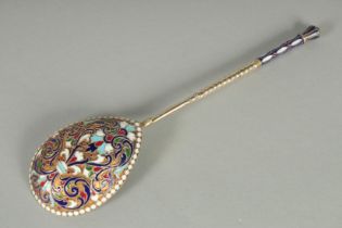 A RUSSIAN SILVER AND ENAMEL SPOON. 19cm long. Mark: 84. AA. over 1880 weight: 48gms.