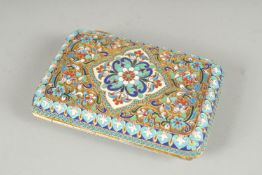 A GOOD RUSSIAN SILVER GILT AND ENAMEL CIGARETTE CASE, the hinged two part body with stylised