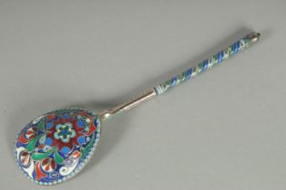 A GOOD RUSSIAN SILVER AND ENAMEL spoon 19cm long. Marks: 84. A.A. over 1890. Weight: 48gms.
