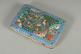 A RUSSIAN SILVER AND ENAMEL CIGARETTE CASE. 10cm x 6.5cm Weight: 119gms.