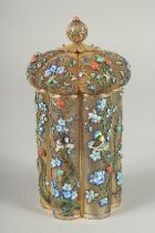 A FINE EARLY 20TH CENTURY CHINESE POLYCHROME ENAMELLED GILT SILVER LIDDED JAR, inset with