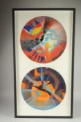 DAMIEN HIRST. A GOOD PAIR OF FRAMED AND GLAZED DAMIEN HIRST SPINS. 16ins diameter each.