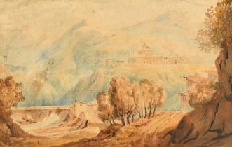 Early 19th Century English School, a view of buildings in an Italianate landscape, watercolour, 4" x