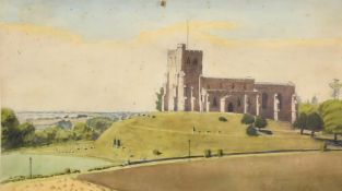 Circle of Leonard Russell Squirrell, a view of a church in an open landscape, watercolour, 6.25" x