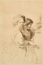 Bartolozzi after Guercino, a print of two female figures with a caged bird, 14" x 10" (36 x 26cm),