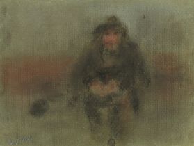 Early 20th Century, a study of a figure in a landscape, pastel, signed with initials W. M., 4.75"