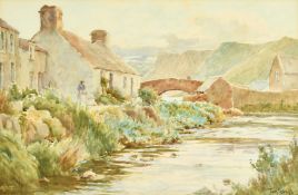 Tom Clough (1867-1943), a female figure walking by stone cottages with a stream in the foreground,