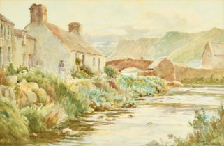 Tom Clough (1867-1943), a female figure walking by stone cottages with a stream in the foreground,