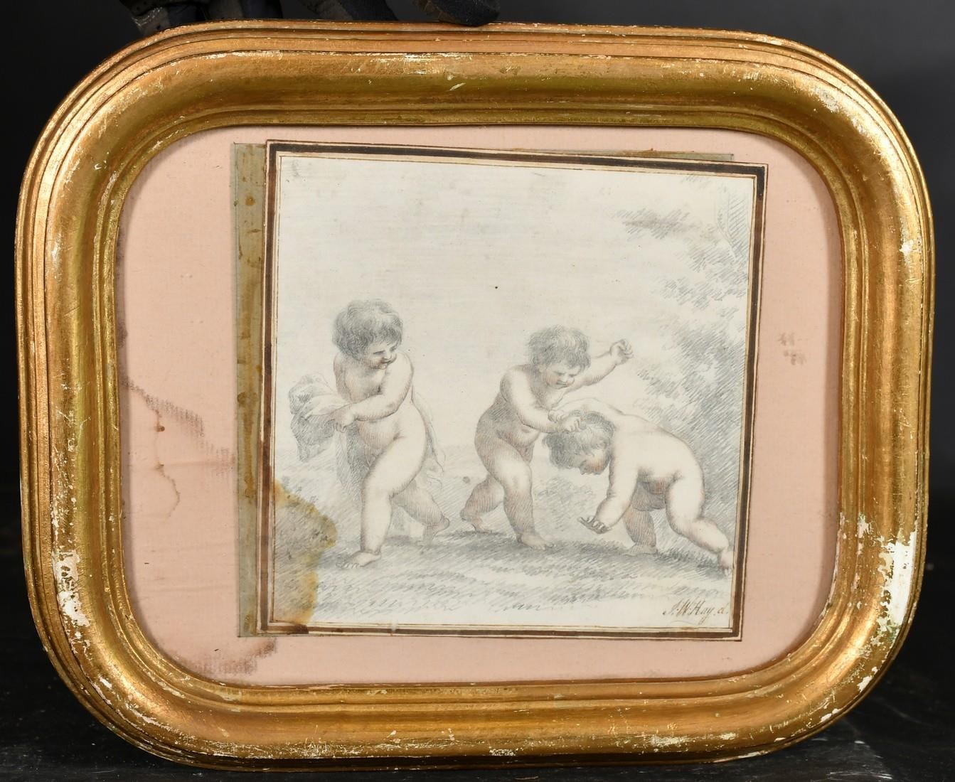 J. W. Hay, 19th Century, three cherubs playing, pencil and crayon, 6.25" x 6.25" (16 x 16cm). - Image 2 of 4