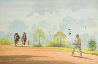 Bryan Conway (20th Century), figures and horses ploughing a field, watercolour, signed, 14" x 21" (