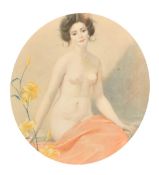 Guillaume Dubufe (1853-1909) French, a scantily clad beauty with yellow flowers, watercolour, signed