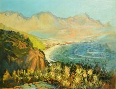 Philip Niel Erskine (1933-2013) South African, A view of a bay with mountains beyond, oil on