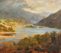 Brooke, Circa 1913, a view of a mountain lake under changing skies, oil on canvas, signed, 14" x 16"