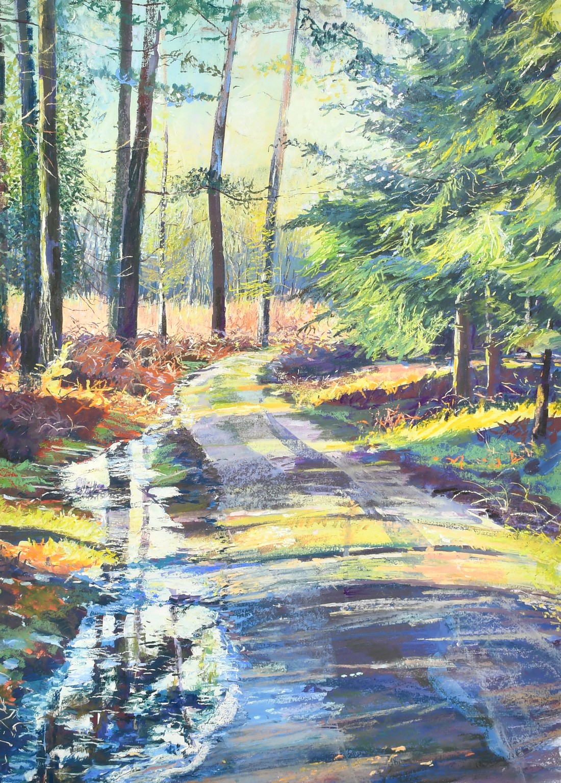 Maureen Davies, 'Winter Track', a track through a woodland glade, pastel, signed in pencil, 32" x