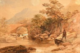 19th Century, a scene of an angler on a large boulder with figures on a stone bridge beyond,