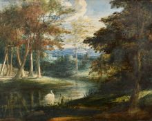 19th Century English School, a view of a swan on a lake in a woodland glade, watercolour, 8" x