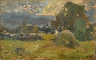 Douglas Volk (1856-1935), an impressionist study of figures in a landscape, oil on panel, signed, 4"