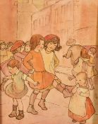 Circle of Margaret Tarrant, children playing in a street, watercolour, signed with initials, 5.5"