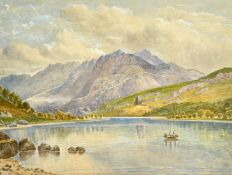 Allan Macdougall (19th/20th Century), fishermen in a rowing boat on a mountain lake, watercolour