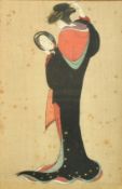 Two Japanese woodblock prints of female figures, both around 12" x 8" (30 x 20cm), one unframed, (