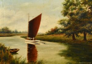 D. Newhouse, Circa 1910, 'On the Bure', a sailboat on a river, oil on canvas, signed and dated,