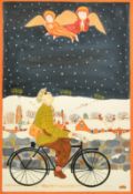 Mervyn Grist (20th Century), angels appearing to a lone cyclist in a snowy winter landscape,
