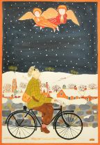 Mervyn Grist (20th Century), angels appearing to a lone cyclist in a snowy winter landscape,