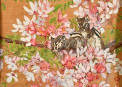 Kay Nixon (1895-1988), squirrels amongst blossom, gouache, signed, 12" x 16", unframed.
