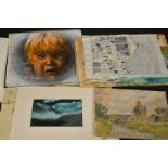 A Folder of 20th Century works, various subjects, prints, watercolours and oils.