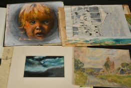 A Folder of 20th Century works, various subjects, prints, watercolours and oils.