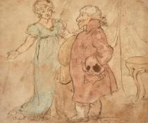 T. Rowlandson, Circa 1800, a lady conversing with a rotund gentleman in an interior, ink and