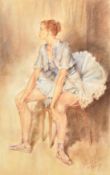 F. Matania, 20th Century, a resting elegant ballerina, pastel, signed, 22" x 14" (56 x 36cm).